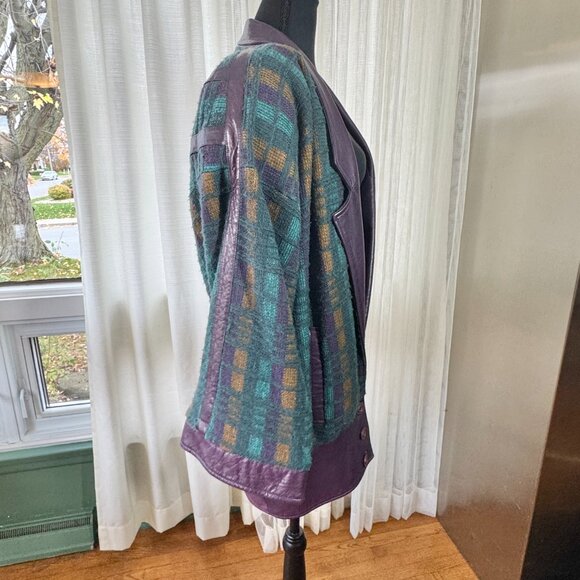 Vintage 80s blazer, purple, teal knit, leather lapels, waist band & cuffs, 10/12 - Picture 10 of 14
